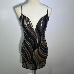 Sarah La black and gold sequin plunge neck mini bodycon dress